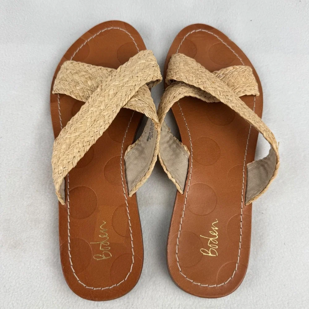 Boden‎ Raffia Criss Cross Sandals Tan Brown Leather Womens Size 39 US 8.5